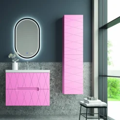 Mueble Suspendido 2 Cajones Frente Fresado De MDF 22 Mm Acabado Rosa + Lavabo Cerámico Grosor 1,7 Cm Blanco Brillo – Nanda – DP Baños
