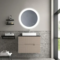 Mueble Suspendido 2 Cajones Frente Fresado De MDF 22 Mm Acabado Moka + Lavabo Cerámico Grosor 1,7 Cm Blanco Brillo – Teram- DP Baños