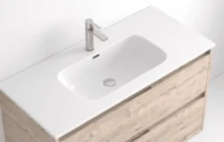 Mueble Suspendido 2 Cajones Frente Fresado Liso De MDF 22 Mm Acabado Mint + Lavabo Cerámico Grosor 1,7 Cm Blanco Brillo – Maná – DP Baños