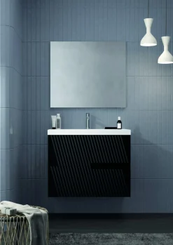 Mueble Suspendido 2 Cajones Frente Fresado Liso De MDF 22 Mm Acabado Negro + Lavabo Cerámico Grosor 1,7 Cm Blanco Brillo – Saser – DP Baños