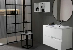 Mueble Suspendido 2 Cajones Frente Fresado Liso De MDF 22 Mm Acabado Gris Ral 7035 + Lavabo Cerámico Grosor 1,7 Cm Blanco Brillo – Sia – DP Baños