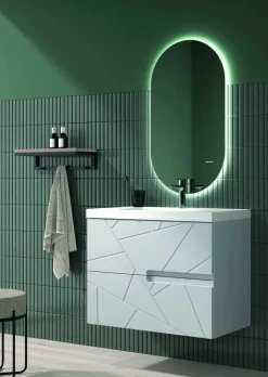 Mueble Suspendido 2 Cajones Frente Fresado Liso De MDF 22 Mm Acabado Gris Ral 7035 + Lavabo Cerámico Grosor 1,7 Cm Blanco Brillo – Gurla – DP Baños