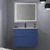 Mueble Suspendido 2 Cajones Frente Fresado De MDF 22 Mm Acabado Océano + Lavabo Cerámico Grosor 1,7 Cm Blanco Brillo – Rimo – DP Baños