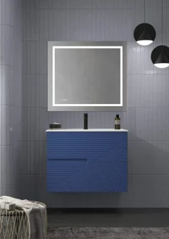 Mueble Suspendido 2 Cajones Frente Fresado De MDF 22 Mm Acabado Océano + Lavabo Cerámico Grosor 1,7 Cm Blanco Brillo – Rimo – DP Baños