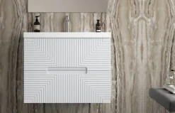Mueble Suspendido 2 Cajones Frente Fresado De MDF 22 Mm Acabado Gris Ral 7035 + Lavabo Cerámico Grosor 1,7 Cm Blanco Brillo – Teram- DP Baños