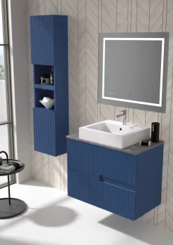 Mueble Suspendido 2 Cajones Frente Fresado Liso De MDF 22 Mm Acabado Océano + Lavabo Cerámico Grosor 1,7 Cm Blanco Brillo – Maná – DP Baños