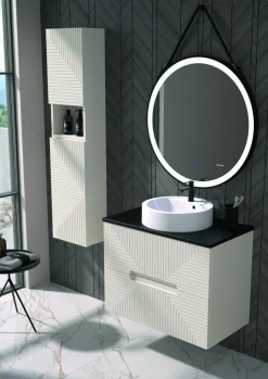 Mueble Suspendido 2 Cajones Frente Fresado De MDF 22 Mm Acabado Beige + Lavabo Cerámico Grosor 1,7 Cm Blanco Brillo – Teram- DP Baños