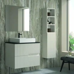 Mueble Suspendido 2 Cajones Frente Fresado Liso De MDF 22 Mm Acabado Beige + Lavabo Cerámico Grosor 1,7 Cm Blanco Brillo – Maná – DP Baños