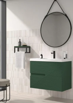 Mueble Suspendido 2 Cajones Frente Fresado De MDF 22 Mm Acabado Oliva + Lavabo Cerámico Grosor 1,7 Cm Blanco Brillo – Rimo – DP Baños