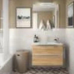 Mueble Suspendido 2 Cajones 70 Cm Con Tirador En Cromo Y Lavabo Porcelana – Spirit – Salgar