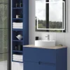 Mueble Suspendido 2 Cajones Frente Fresado Liso De MDF 22 Mm Acabado Océano + Lavabo Cerámico Grosor 1,7 Cm Blanco Brillo – Sia – DP Baños