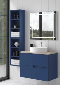Mueble Suspendido 2 Cajones Frente Fresado Liso De MDF 22 Mm Acabado Océano + Lavabo Cerámico Grosor 1,7 Cm Blanco Brillo – Sia – DP Baños