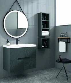 Mueble Suspendido 2 Cajones Frente Fresado De MDF 22 Mm Acabado Antracita + Lavabo Cerámico Grosor 1,7 Cm Blanco Brillo – Kamet- DP Baños