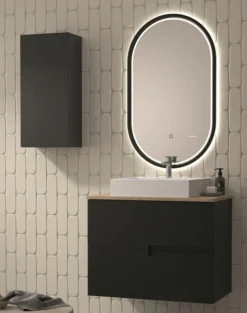 Mueble Suspendido 2 Cajones Frente Fresado Liso De MDF 22 Mm Acabado Negro + Lavabo Cerámico Grosor 1,7 Cm Blanco Brillo – Sia – DP Baños