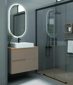Mueble Suspendido 2 Cajones Frente Fresado De MDF 22 Mm Acabado Moka + Lavabo Cerámico Grosor 1,7 Cm Blanco Brillo – Rimo – Banium
