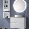 Mueble Suspendido 2 Cajones Frente Fresado De MDF 22 Mm Acabado Gris Ral 7035 + Lavabo Cerámico Grosor 1,7 Cm Blanco Brillo – Rimo – DP Baños