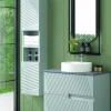 Mueble Suspendido 2 Cajones Frente Fresado Liso De MDF 22 Mm Acabado Gris Ral 7035 + Lavabo Cerámico Grosor 1,7 Cm Blanco Brillo – Saser – DP Baños