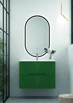 Mueble Suspendido 2 Cajones Frente Fresado De MDF 22 Mm Acabado Oliva + Lavabo Cerámico Grosor 1,7 Cm Blanco Brillo – Istor- DP Baños