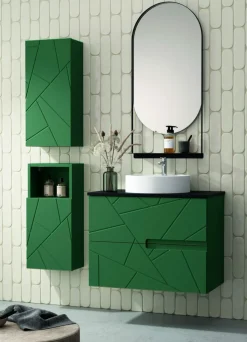 Mueble Suspendido 2 Cajones Frente Fresado Liso De MDF 22 Mm Acabado Oliva + Lavabo Cerámico Grosor 1,7 Cm Blanco Brillo – Gurla – DP Baños