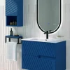 Mueble Suspendido 2 Cajones Frente Fresado Liso De MDF 22 Mm Acabado Océano + Lavabo Cerámico Grosor 1,7 Cm Blanco Brillo – Saser – DP Baños
