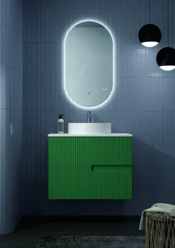 Mueble Suspendido 2 Cajones Frente Fresado Liso De MDF 22 Mm Acabado Oliva + Lavabo Cerámico Grosor 1,7 Cm Blanco Brillo – Maná – DP Baños