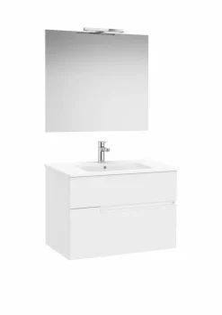 Pack – Conjunto De Mueble Base De Dos Cajones, Lavabo Y Espejo Luna Con Aplique LED Starlight – Victoria-N – Roca