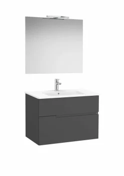 Pack – Conjunto De Mueble Base De Dos Cajones, Lavabo Y Espejo Luna Con Aplique LED Starlight – Victoria-N – Roca