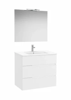 Pack – Conjunto De Mueble Base De Tres Cajones, Lavabo Y Espejo Luna Con Aplique LED Starlight – Victoria-N – Roca