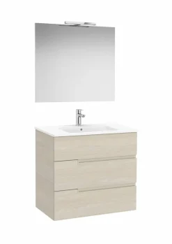 Pack – Conjunto De Mueble Base De Tres Cajones, Lavabo Y Espejo Luna Con Aplique LED Starlight – Victoria-N – Roca