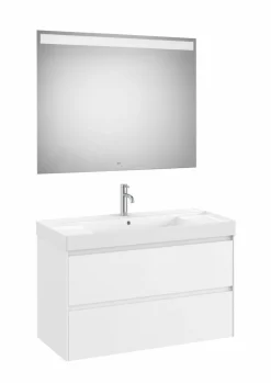PACK – Conjunto De Mueble Base De Dos Cajones, Lavabo Y Espejo Eidos Con Luz LED Integrada En La Parte Superior – Ona – Roca