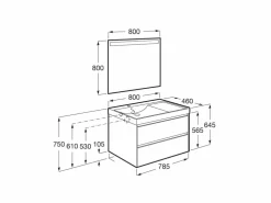 PACK – Conjunto De Mueble Base De Dos Cajones, Lavabo Y Espejo Eidos Con Luz LED Integrada En La Parte Superior – Ona – Roca