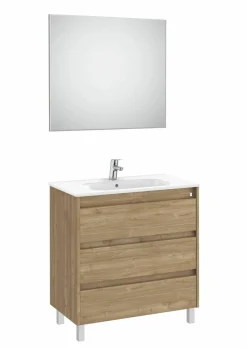 PACK – Conjunto De Mueble De Tres Cajones Con Lavabo Y Espejo Victoria Con Aplique LED Starlight. Incluye Patas – Tenet – Roca