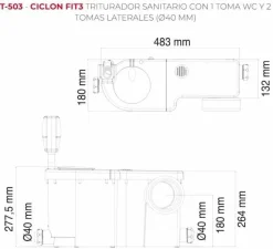 Triturador Sanitario Con Toma Wc 2 Tomas Laterales (Ø40 Mm). Motor: 470 W. Bombeo Hasta 5 M De Altura O 52 M En Horizontal – T-503.075501 – Ciclon FIT3 – Jimten